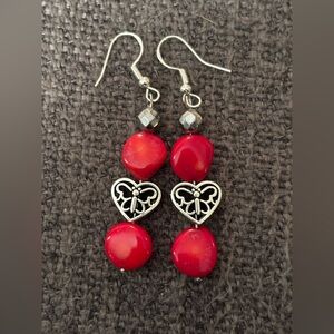 Artisan Love Anarchy Valentines Genuine Coral • Silver Faceted Hematite Earrings